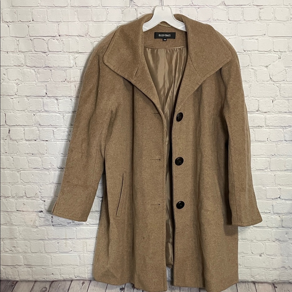 Ellen Tracy Camel Wheat Tan Wool Angora Blend Pea Coat Jacket Size 14W - Picture 2 of 11